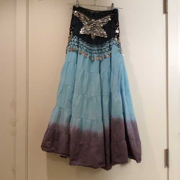 🌸 2PC BLUE MAXI SKIRT GYPSY FLARE WITH COIN BELT - Picture 3 of 8